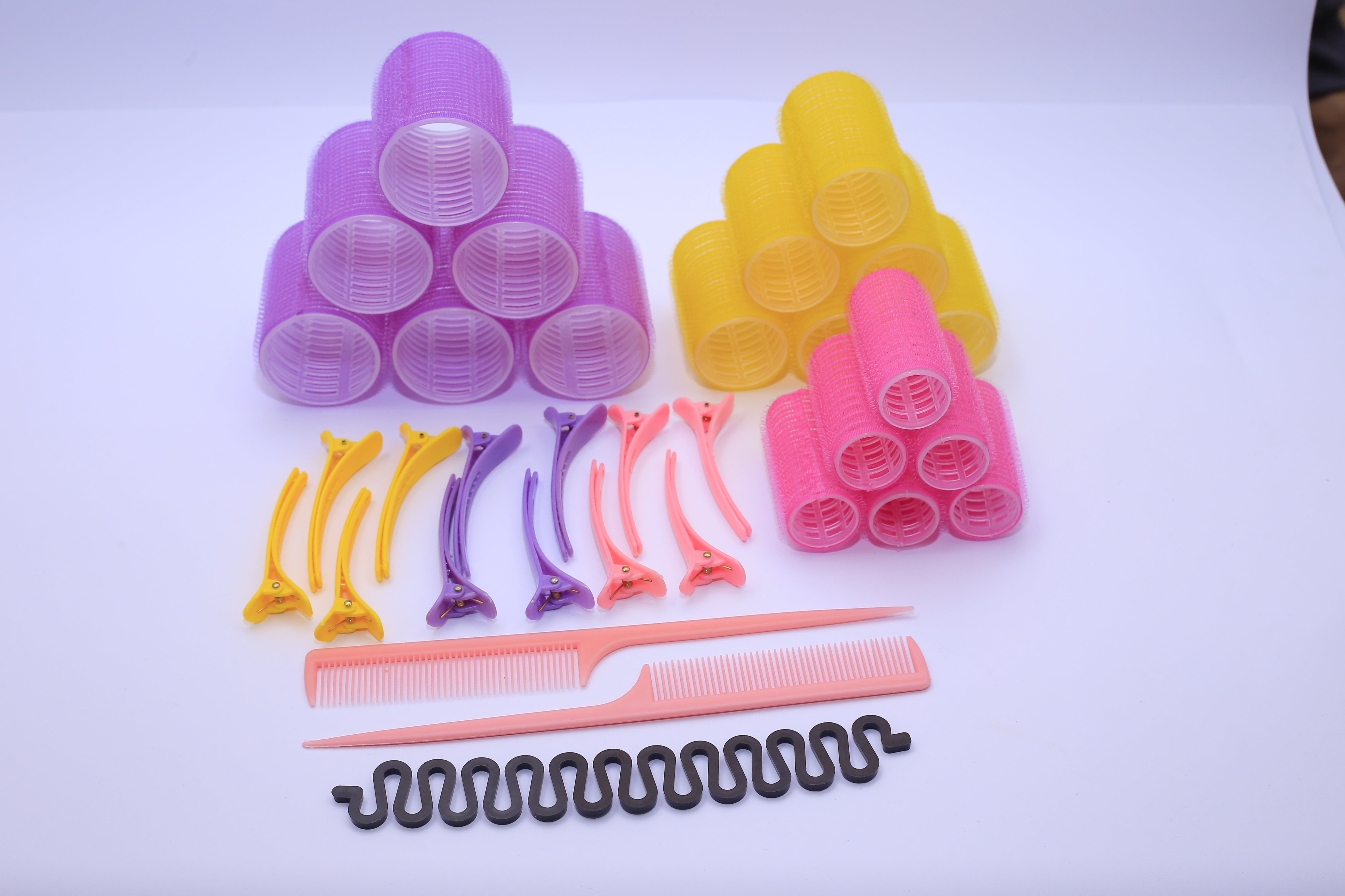 33-Piece Hair Rollers Set with Clips – Self Grip Velcro Rollers for Volume & Styling, Includes 18 Rollers (44mm, 36mm, 25mm), 12 Duckbill Clips, Combs, and Braid Device